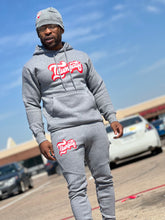 Load image into Gallery viewer, Gray Red and White Illuminatty 3d Puff hoodie size small in picture
